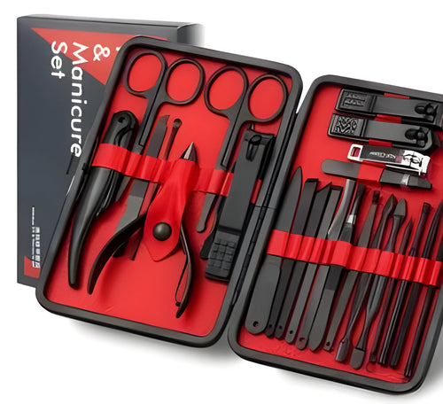 25-26 piece nail clippers manicure set in black and red leather case with black matt finish steel tools