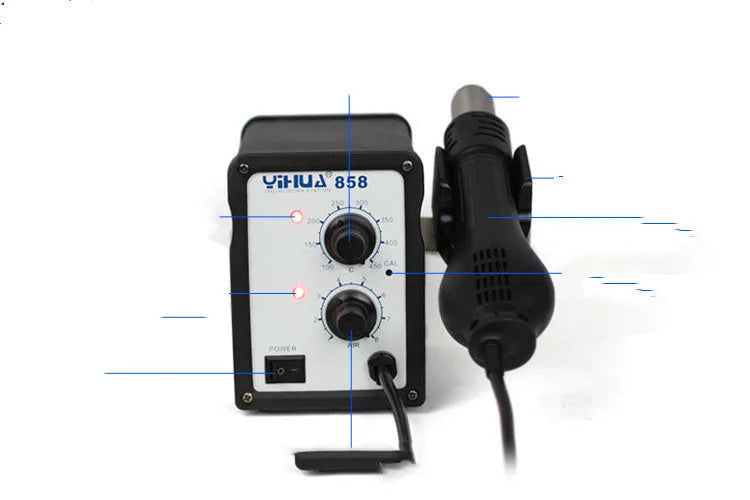 Advanced fan-type hot air desoldering station with ferroalloy shell and stainless steel nozzle on workbench