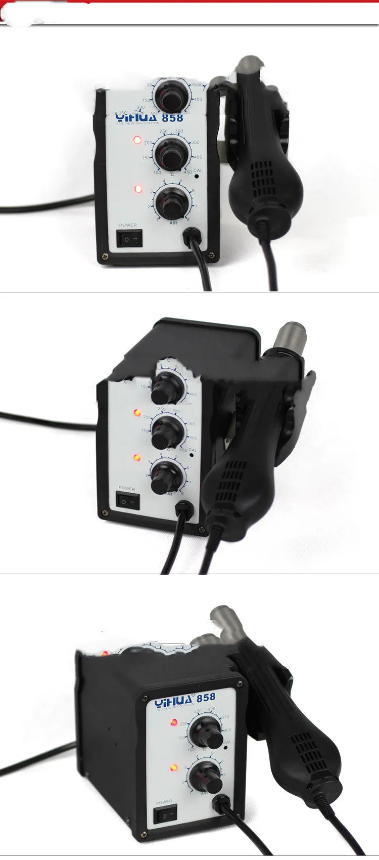 Advanced fan-type hot air desoldering station with ferroalloy shell and stainless steel nozzle on workbench