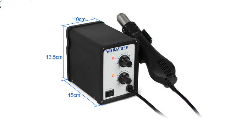 Advanced fan-type hot air desoldering station with ferroalloy shell and stainless steel nozzle on workbench