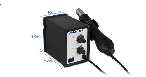 Advanced fan-type hot air desoldering station with ferroalloy shell and stainless steel nozzle on workbench