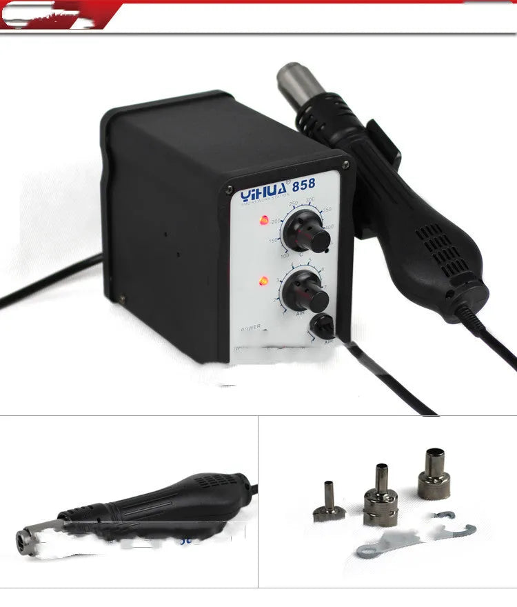 Advanced fan-type hot air desoldering station with ferroalloy shell and stainless steel nozzle on workbench