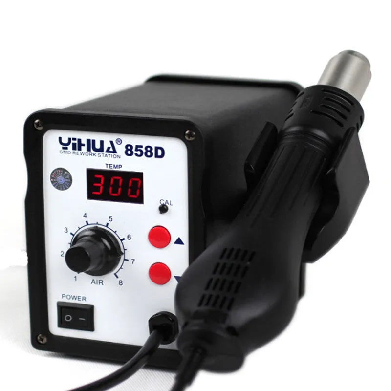 Advanced fan-type hot air desoldering station with ferroalloy shell and stainless steel nozzle on workbench
