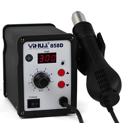 Advanced fan-type hot air desoldering station with ferroalloy shell and stainless steel nozzle on workbench