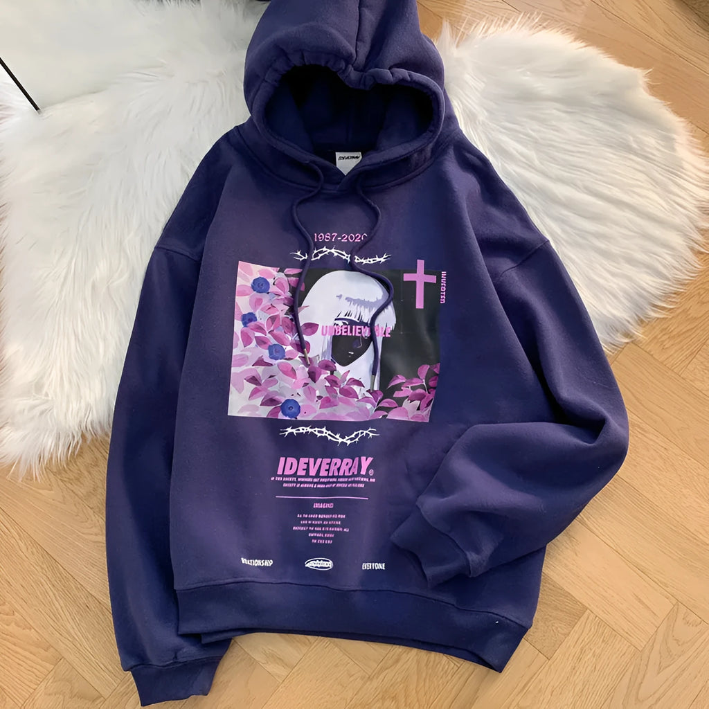 Jojo National Tide Rose Girl hooded sweater in navy, loose fit with printed character graphic for men and women