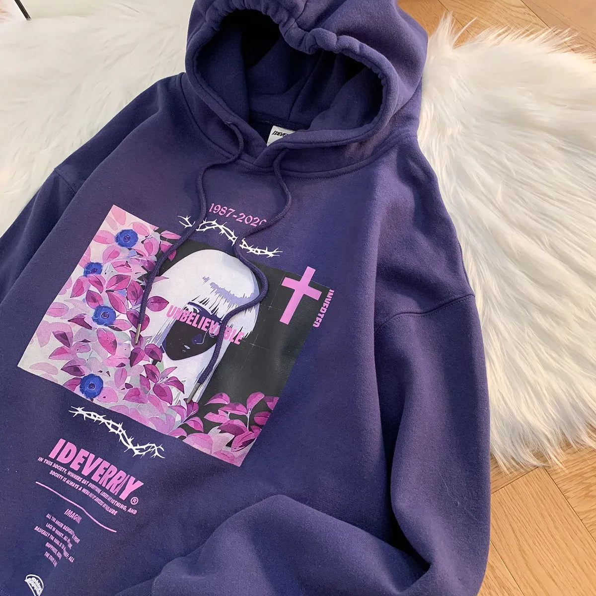 Jojo National Tide Rose Girl hooded sweater in navy, loose fit with printed character graphic for men and women