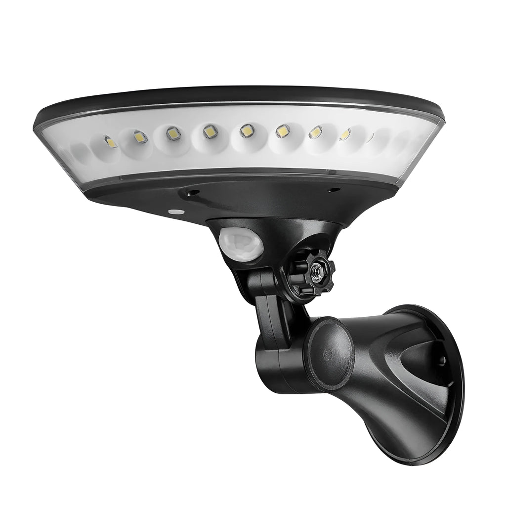 Solar-powered 360-degree outdoor security light with motion sensor on white background.