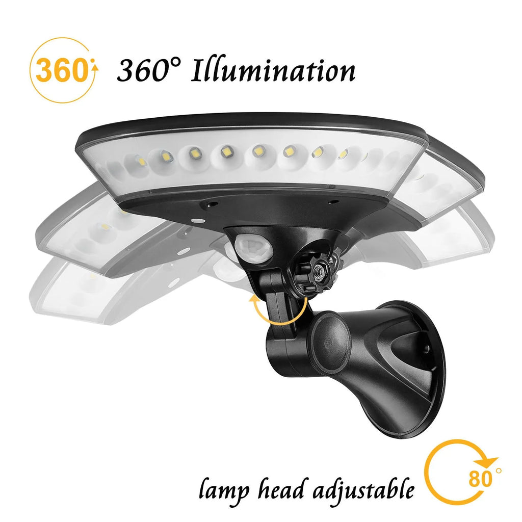 Solar-powered 360-degree outdoor security light with motion sensor on white background.