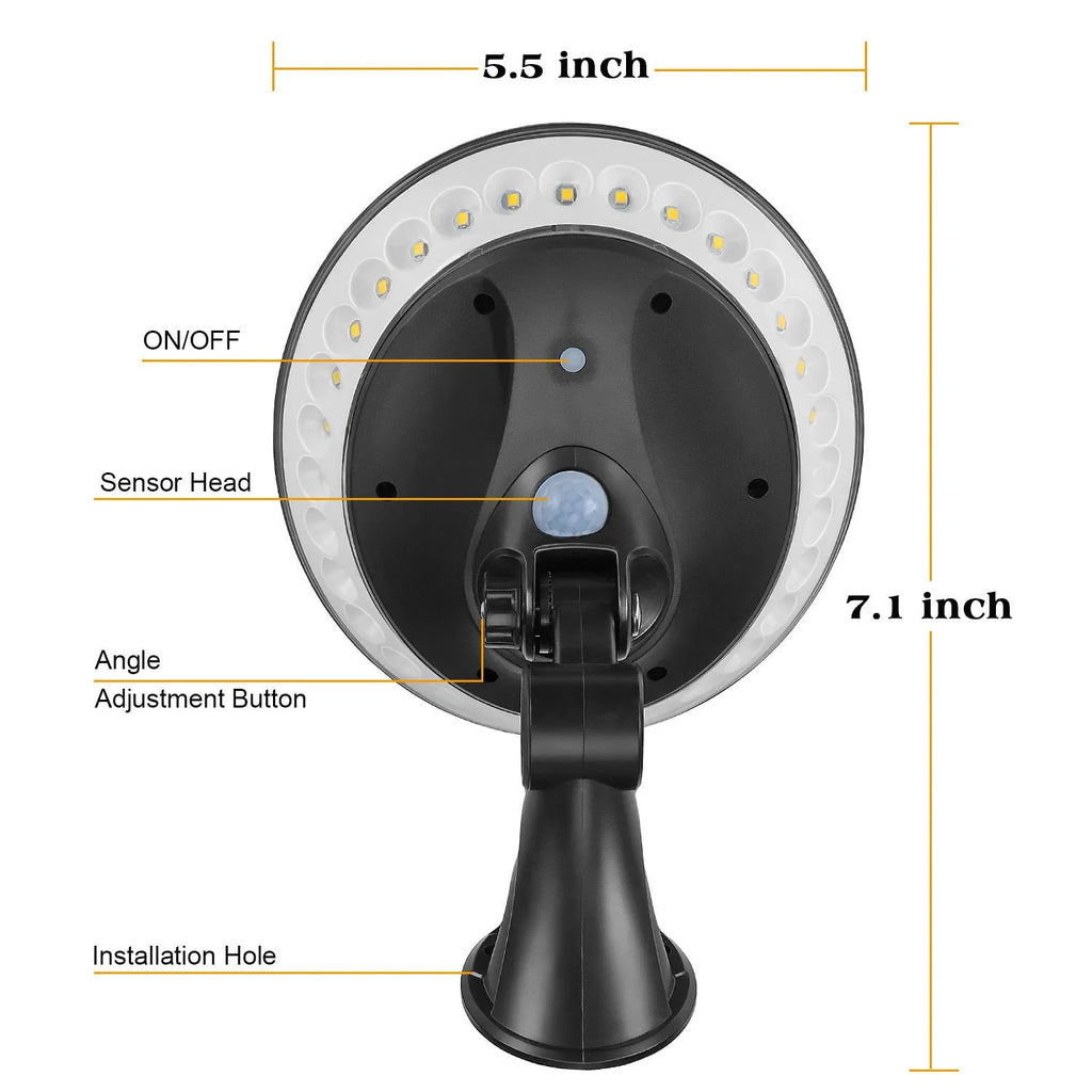 Solar-powered 360-degree outdoor security light with motion sensor on white background.