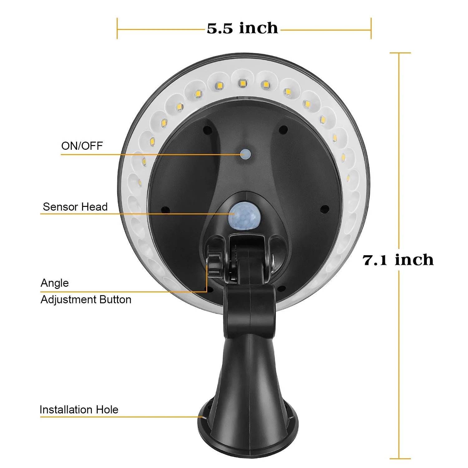 Solar-powered 360-degree outdoor security light with motion sensor on white background.