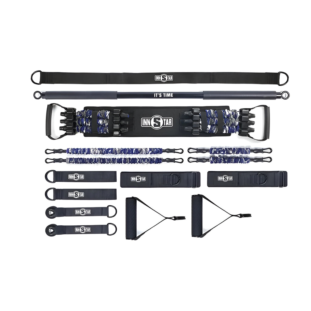 Multifunctional bench press resistance band set with workout bar, adjustable bench, and red camouflage latex bands on a floor