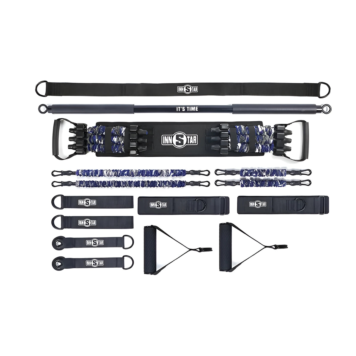 Multifunctional bench press resistance band set with workout bar, adjustable bench, and red camouflage latex bands on a floor
