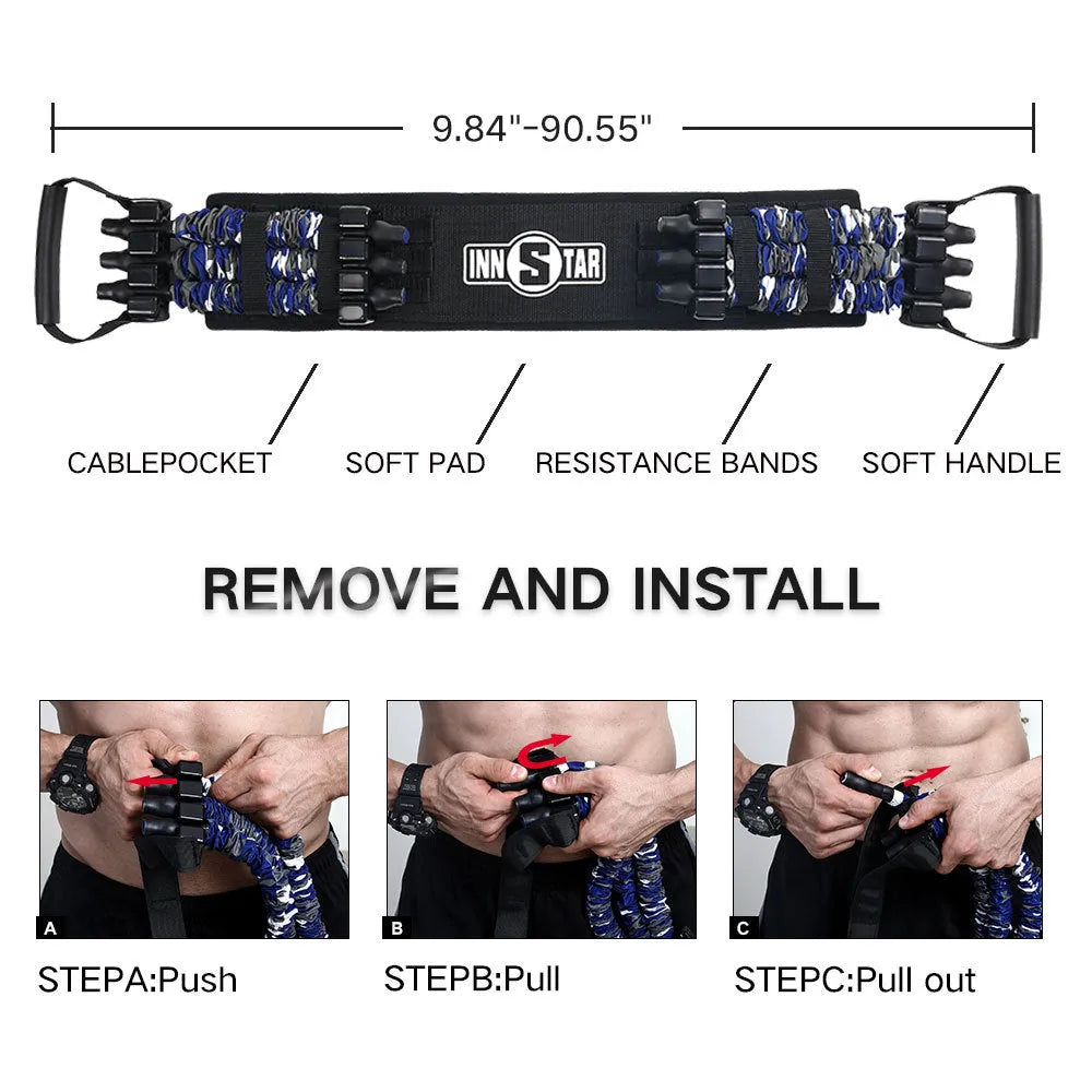 Multifunctional bench press resistance band set with workout bar, adjustable bench, and red camouflage latex bands on a floor