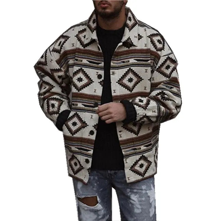 Men's slim-fit lapel jacket with printed polyester fabric, single-breasted front, picture colour, available in sizes S to XXXL