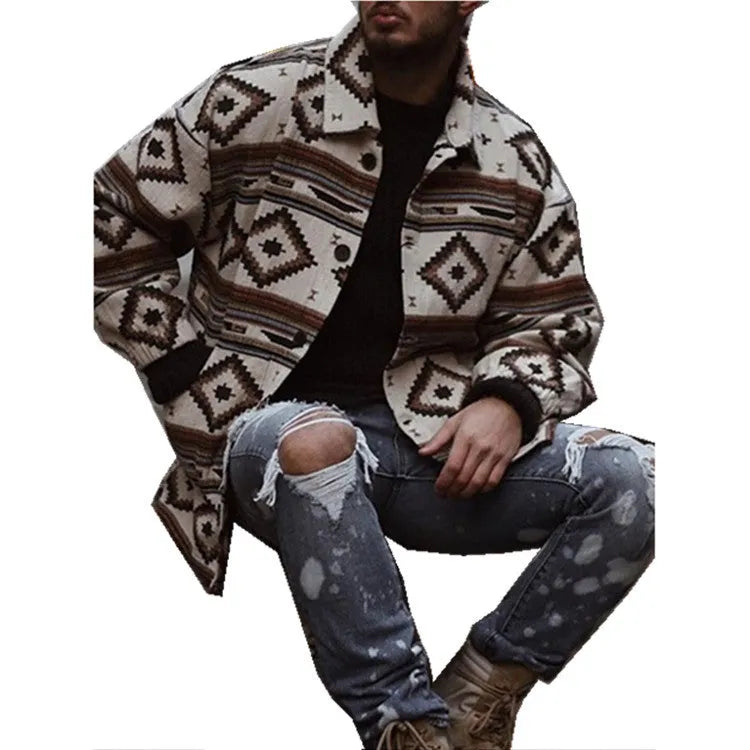 Men's slim-fit lapel jacket with printed polyester fabric, single-breasted front, picture colour, available in sizes S to XXXL