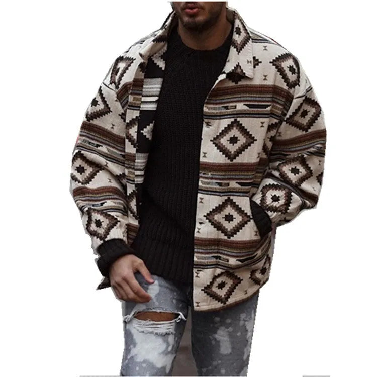 Men's slim-fit lapel jacket with printed polyester fabric, single-breasted front, picture colour, available in sizes S to XXXL