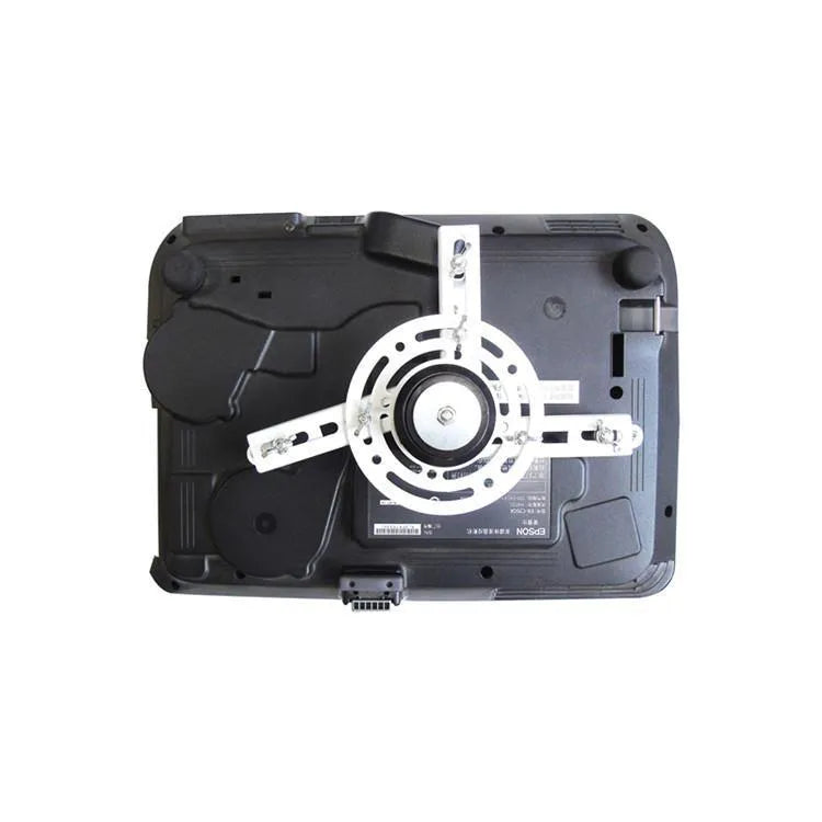 White electric projector lifting hanger with thin chassis and wireless remote control on a grey background.
