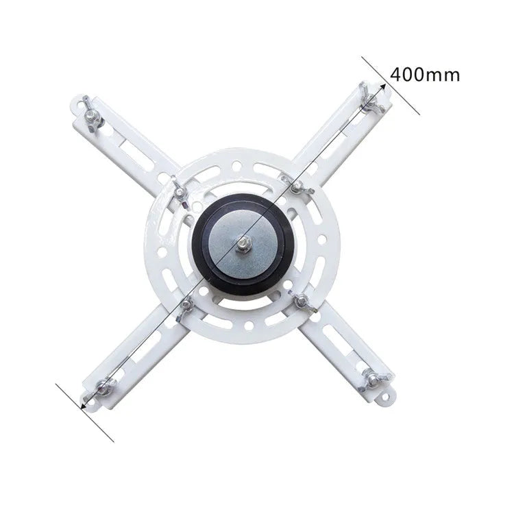 White electric projector lifting hanger with thin chassis and wireless remote control on a grey background.