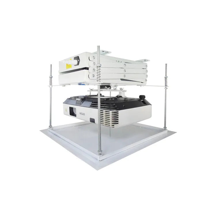 White electric projector lifting hanger with thin chassis and wireless remote control on a grey background.