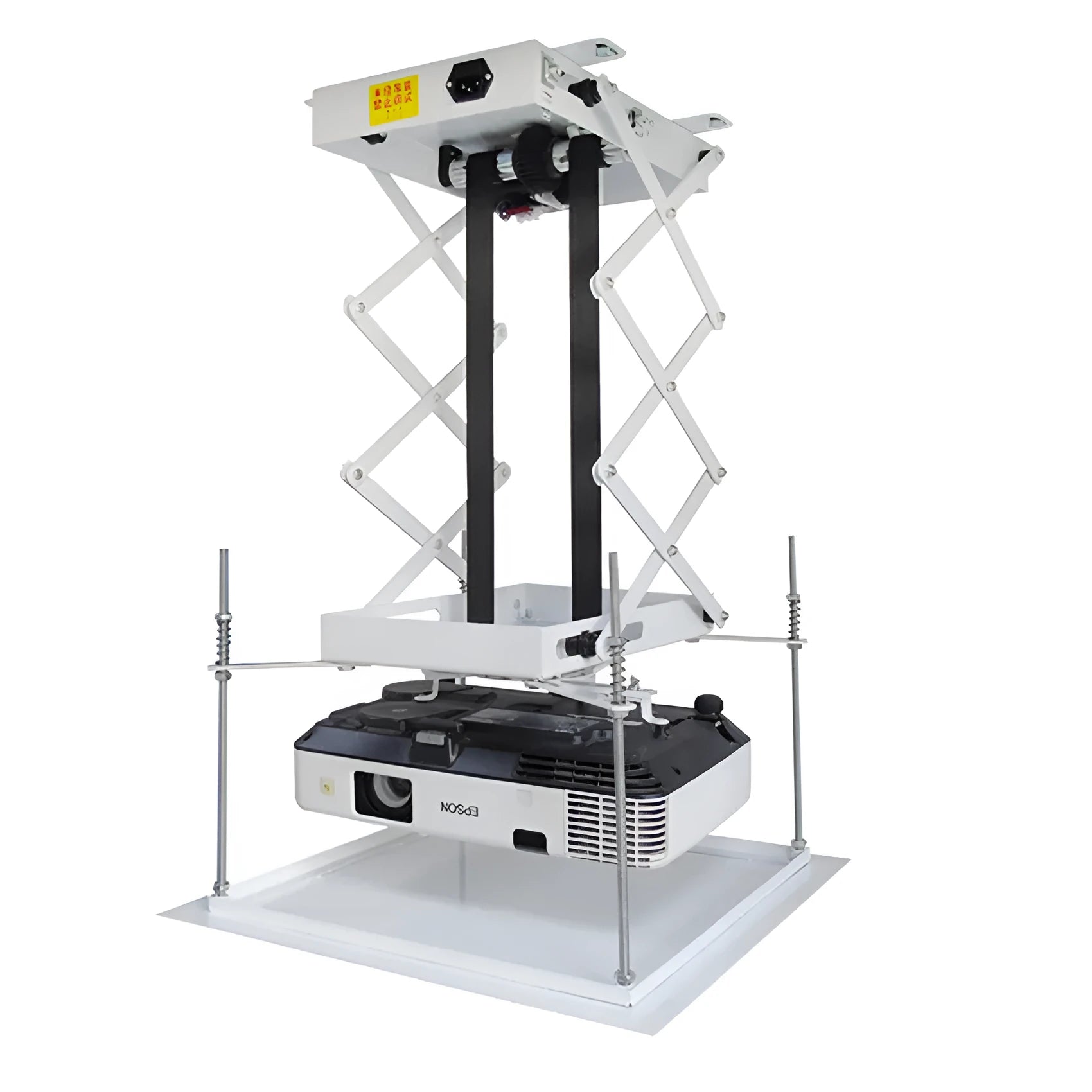 White electric projector lifting hanger with thin chassis and wireless remote control on a grey background.