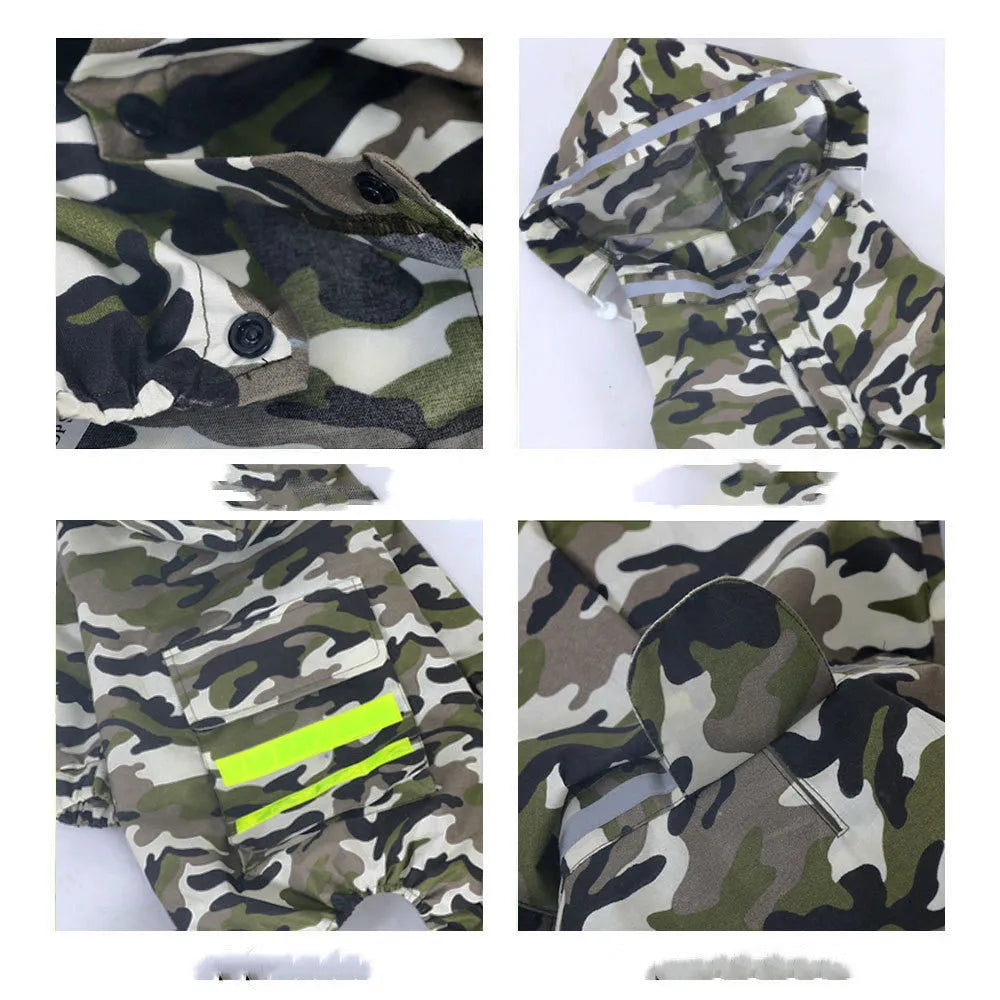 Four-legged camouflage green dog raincoat for large breeds with fluorescent strips, size 4XL.