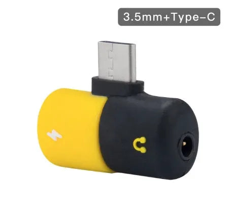 Blue and yellow 2-in-1 charging and headphone jack adapter for Huawei and Honor phone cases