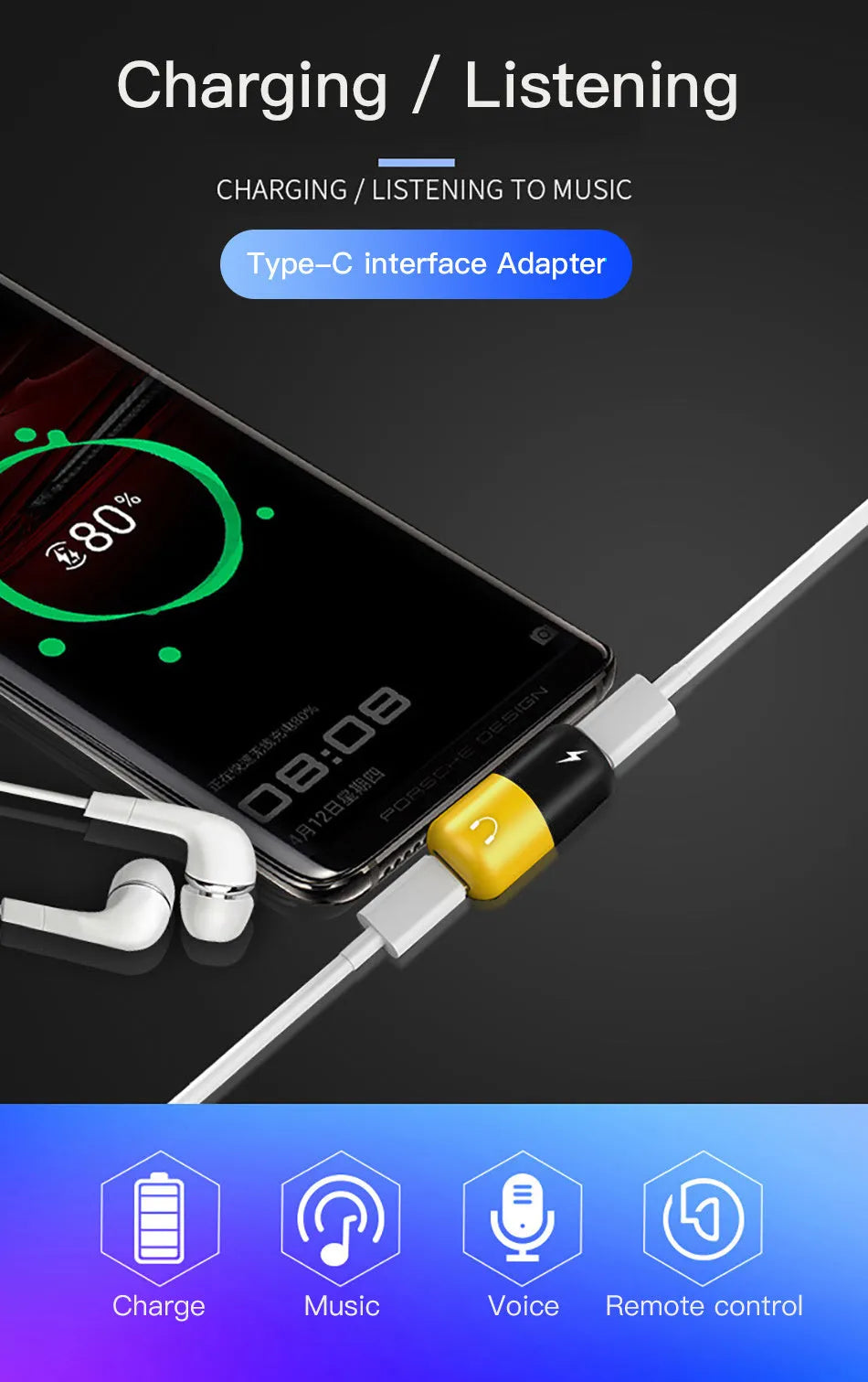 Blue and yellow 2-in-1 charging and headphone jack adapter for Huawei and Honor phone cases