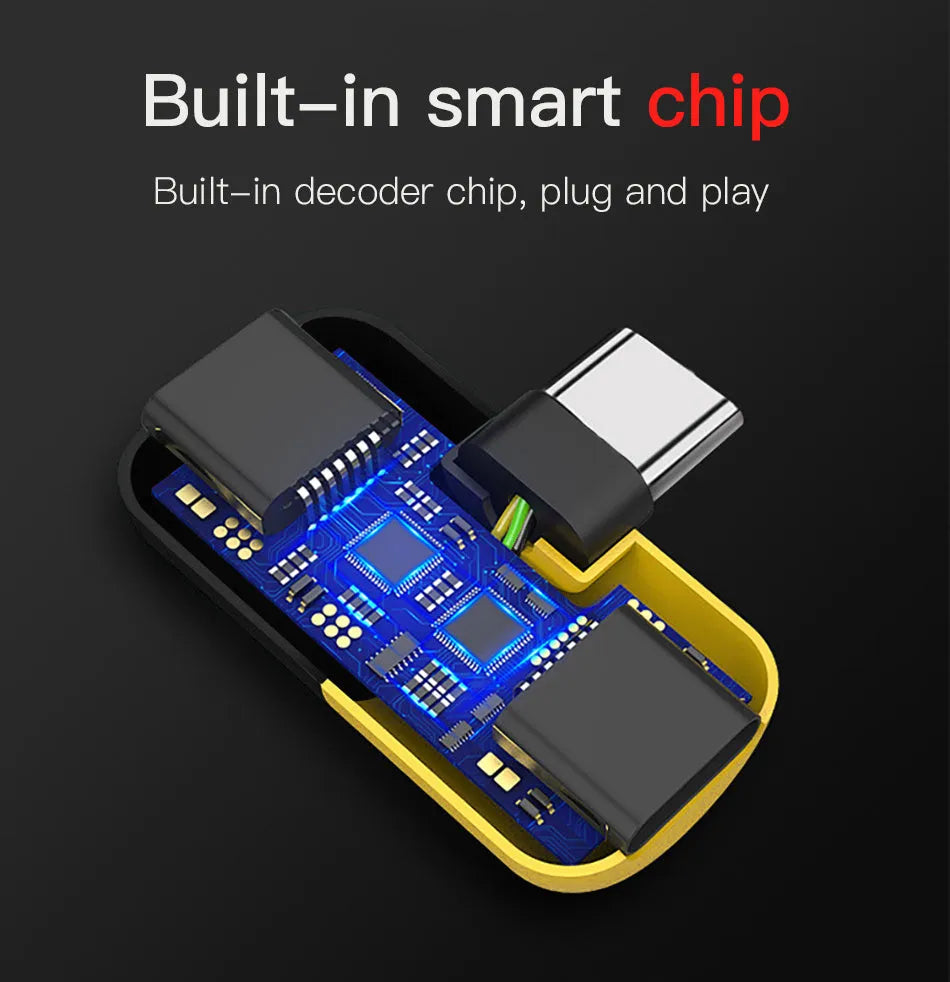 Blue and yellow 2-in-1 charging and headphone jack adapter for Huawei and Honor phone cases