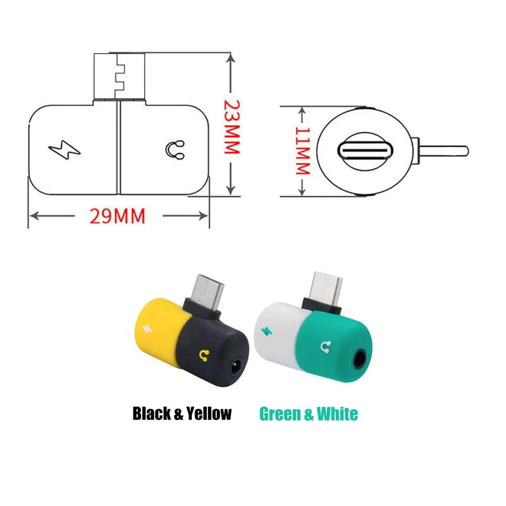 Blue and yellow 2-in-1 charging and headphone jack adapter for Huawei and Honor phone cases