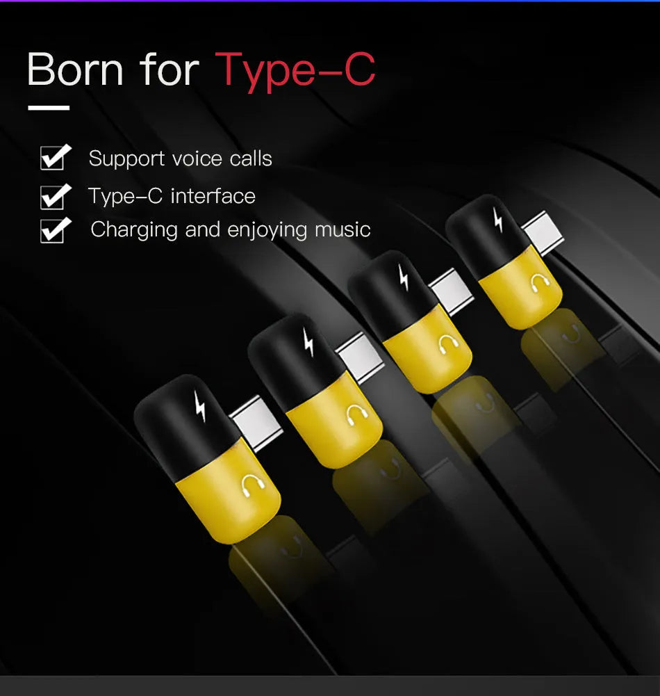 Blue and yellow 2-in-1 charging and headphone jack adapter for Huawei and Honor phone cases