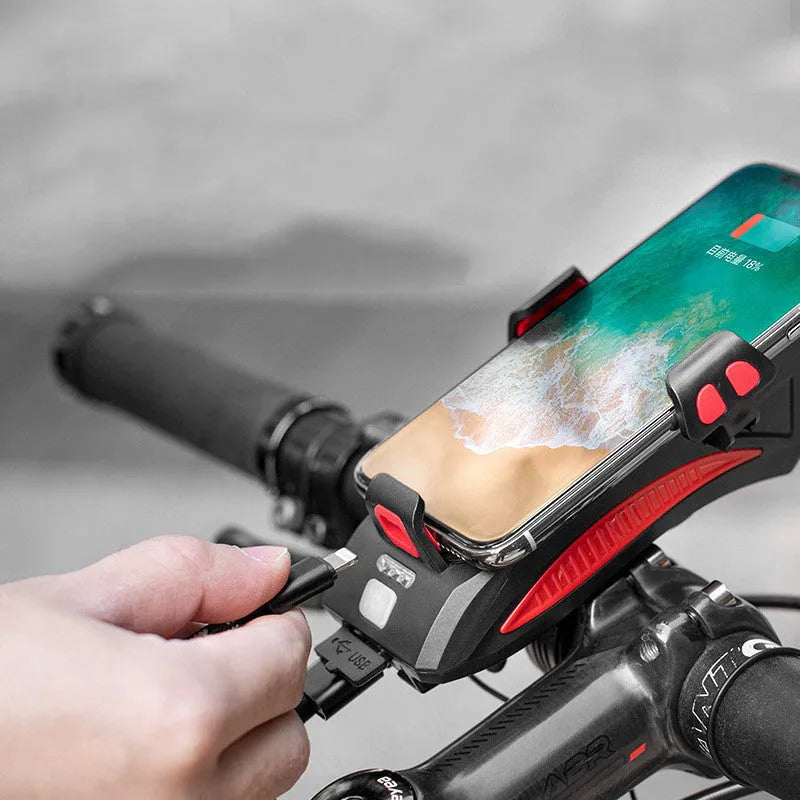 Mobile phone holder with strong flashlight for road cycling, black ABS construction, 400 lumens front light