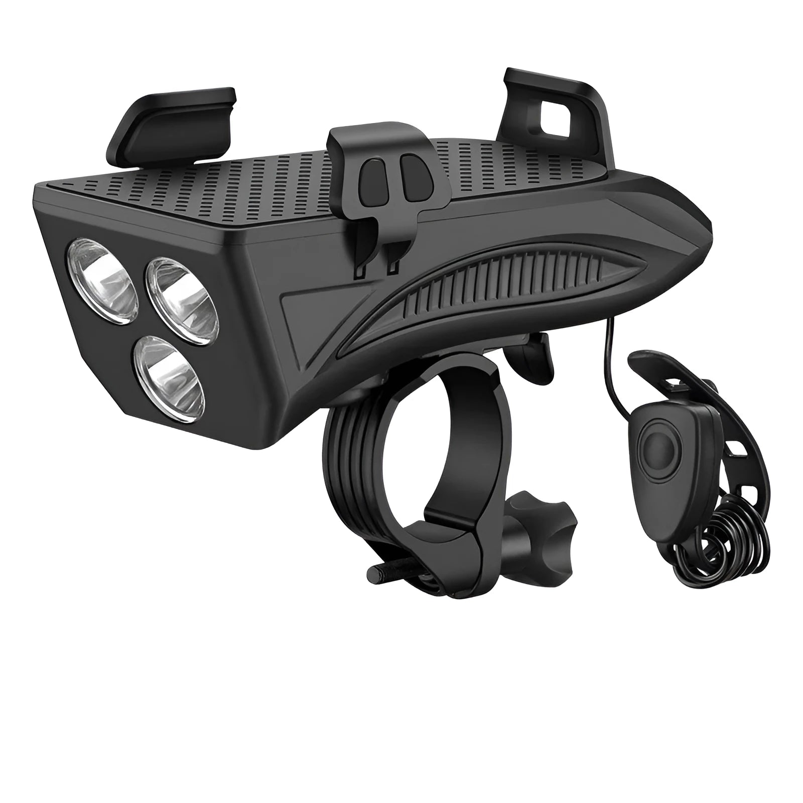 Mobile phone holder with strong flashlight for road cycling, black ABS construction, 400 lumens front light