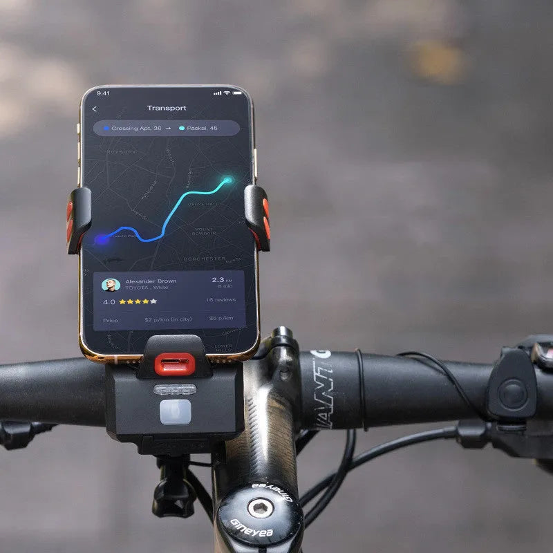 Mobile phone holder with strong flashlight for road cycling, black ABS construction, 400 lumens front light
