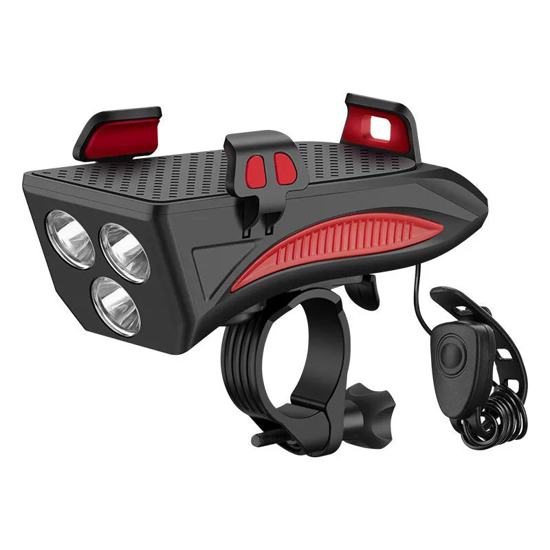 Mobile phone holder with strong flashlight for road cycling, black ABS construction, 400 lumens front light