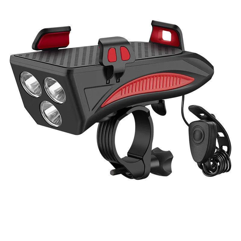 Mobile phone holder with strong flashlight for road cycling, black ABS construction, 400 lumens front light