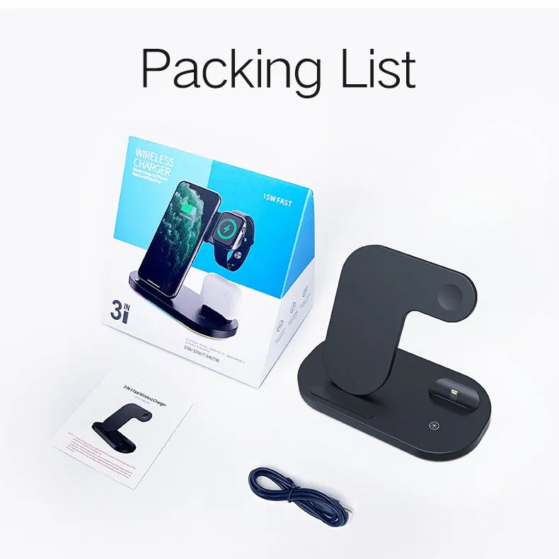 Black foldable 3-in-1 wireless charging station for iPhone Apple Watch AirPods Pro