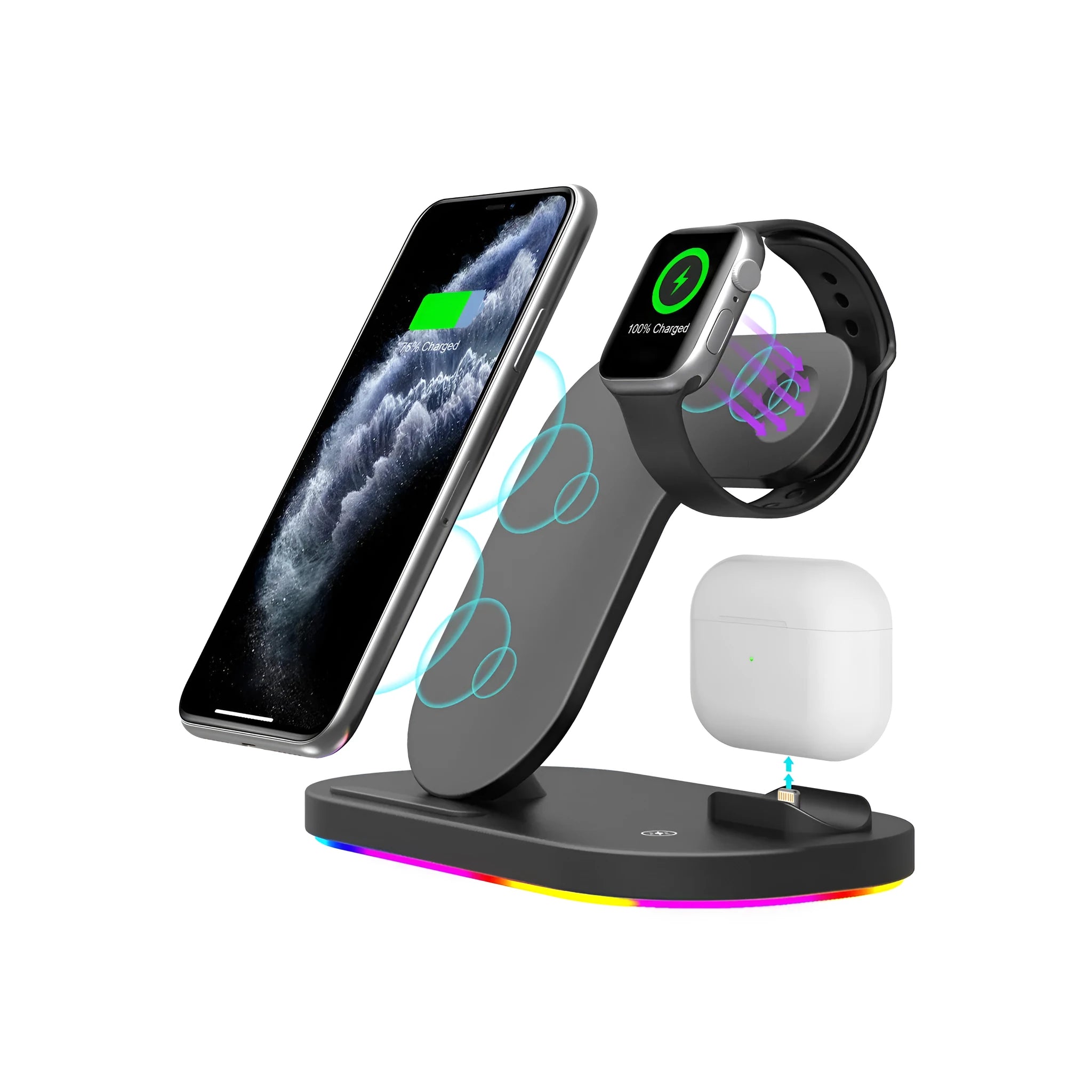 Black foldable 3-in-1 wireless charging station for iPhone Apple Watch AirPods Pro