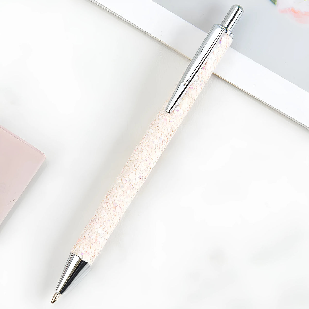 Metal push ballpoint pen with PU bag in six sequin colours for office and gift use