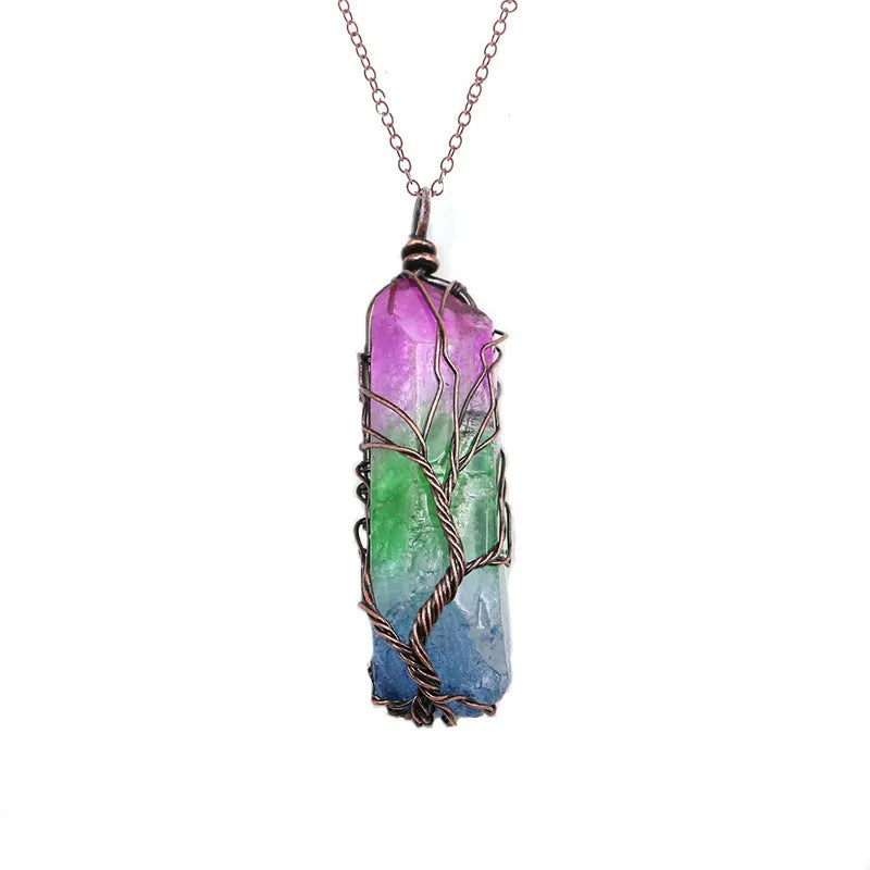 Dyed natural white crystal column Tree of Life pendant necklace with colourful crystal winding on O-chain