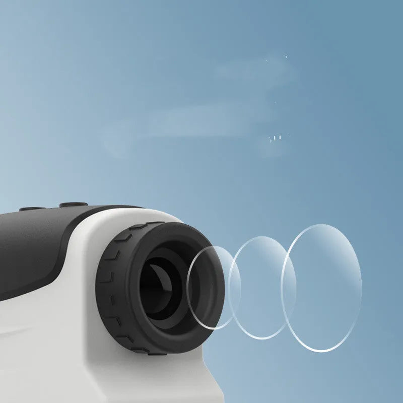 Black rubberised golf laser rangefinder with monocular lens for distance measurement up to 1500 metres.