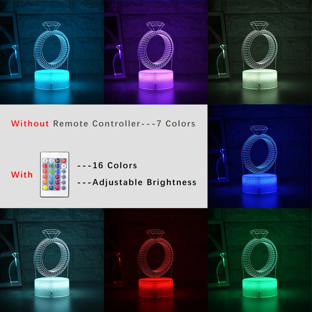 3D LED night light showing illuminated diamond ring design on black base with colour-changing glow