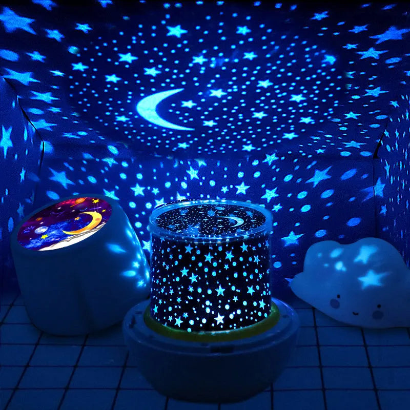Pruixin rotating star projector night light showing star pattern projection on a wall.