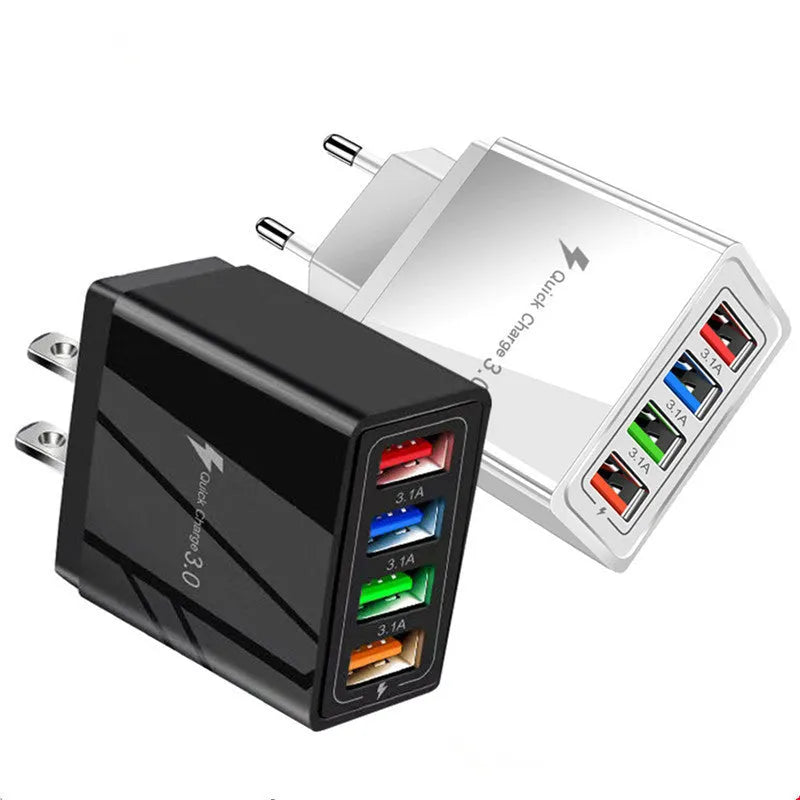 Simple Luminous compact 4-port USB wall charger with UK plug and blue luminous power indicator light on.
