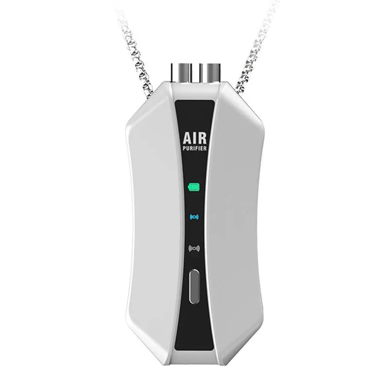 Portable negative ion air purifier necklace with LCD screen measuring 85mm by 39mm by 23mm in black or white colour