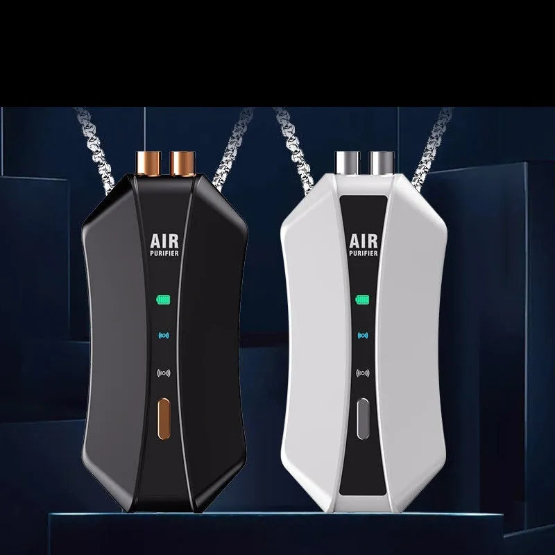 Portable negative ion air purifier necklace with LCD screen measuring 85mm by 39mm by 23mm in black or white colour