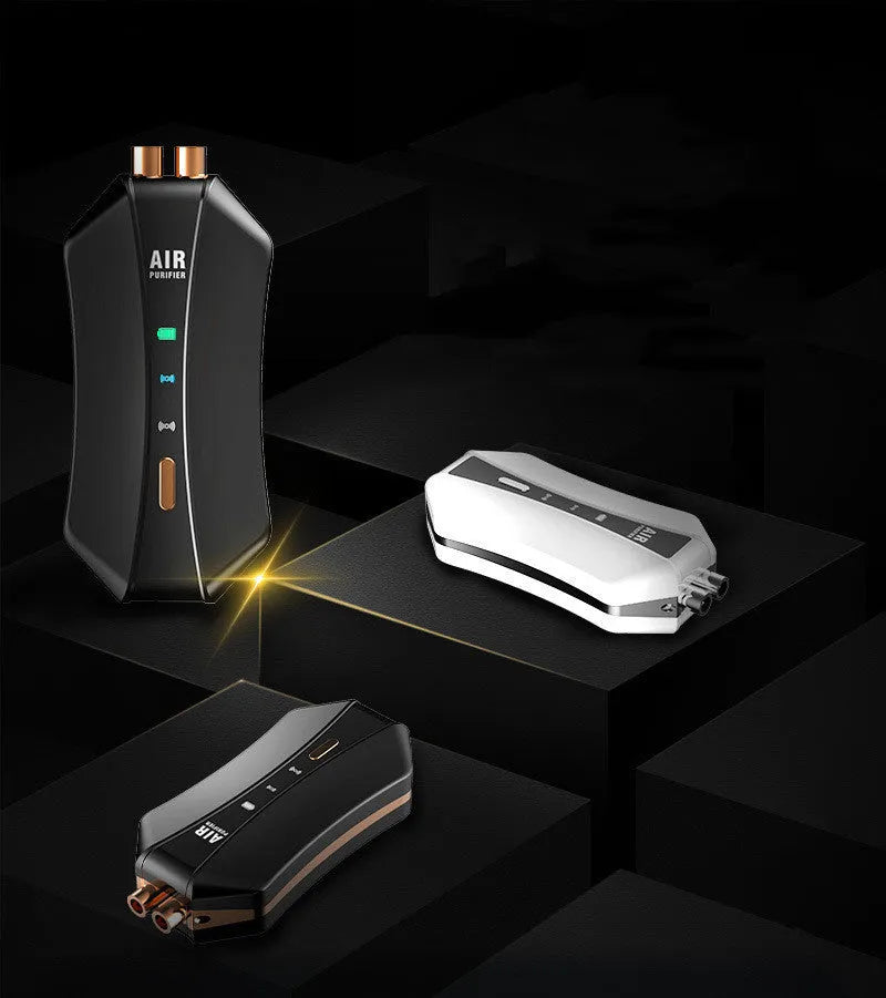 Portable negative ion air purifier necklace with LCD screen measuring 85mm by 39mm by 23mm in black or white colour