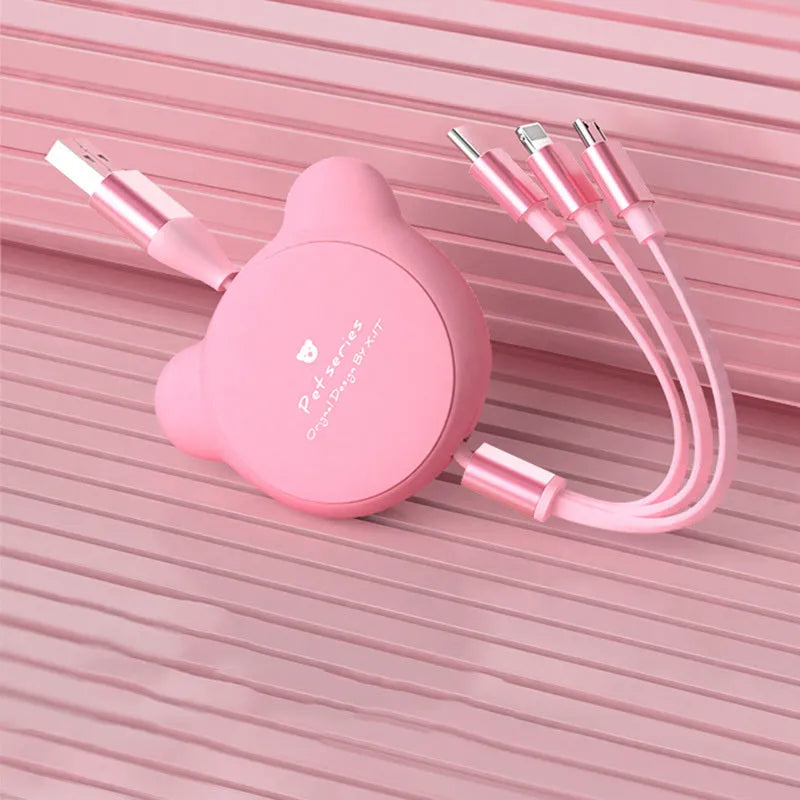 Telescopic bear-shaped cable holder extended to 1.2 metres with three USB charging cables