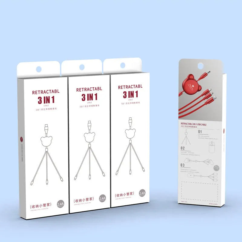 Telescopic bear-shaped cable holder extended to 1.2 metres with three USB charging cables