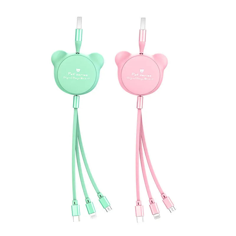 Telescopic bear-shaped cable holder extended to 1.2 metres with three USB charging cables