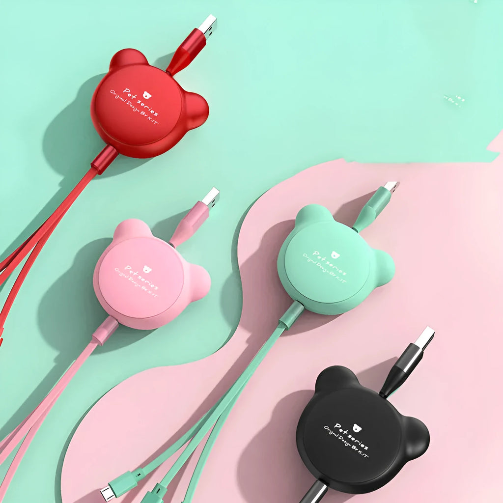 Telescopic bear-shaped cable holder extended to 1.2 metres with three USB charging cables
